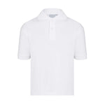 White school polo shirt with short sleeves and a 2 button collar