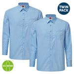 Two blue long sleeve shirts with a 'Twin Pack' label and an 'Eco-Uniform' logo on a white background.