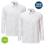 Two white dress shirts with a 'Twin Pack' label and 'Eco-Uniform' logo on a white background.