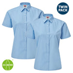 Two light blue short-sleeve shirts with a 'Twin Pack' label and an 'Eco-Uniform' logo on a white background.