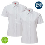 Two light blue short-sleeve girls shirts with a 'Twin Pack' label and an 'Eco-Uniform' logo on a white background.
