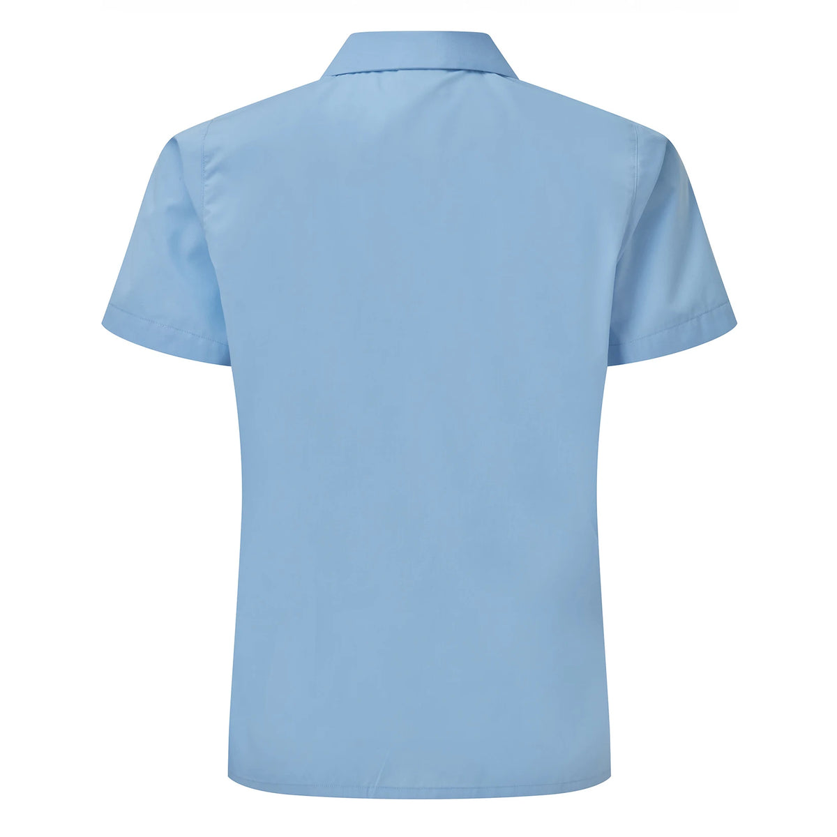 Back view of the David Luke Schoolwear Girls Eco Short Sleeve Revere Collar School Blouse (Blue).