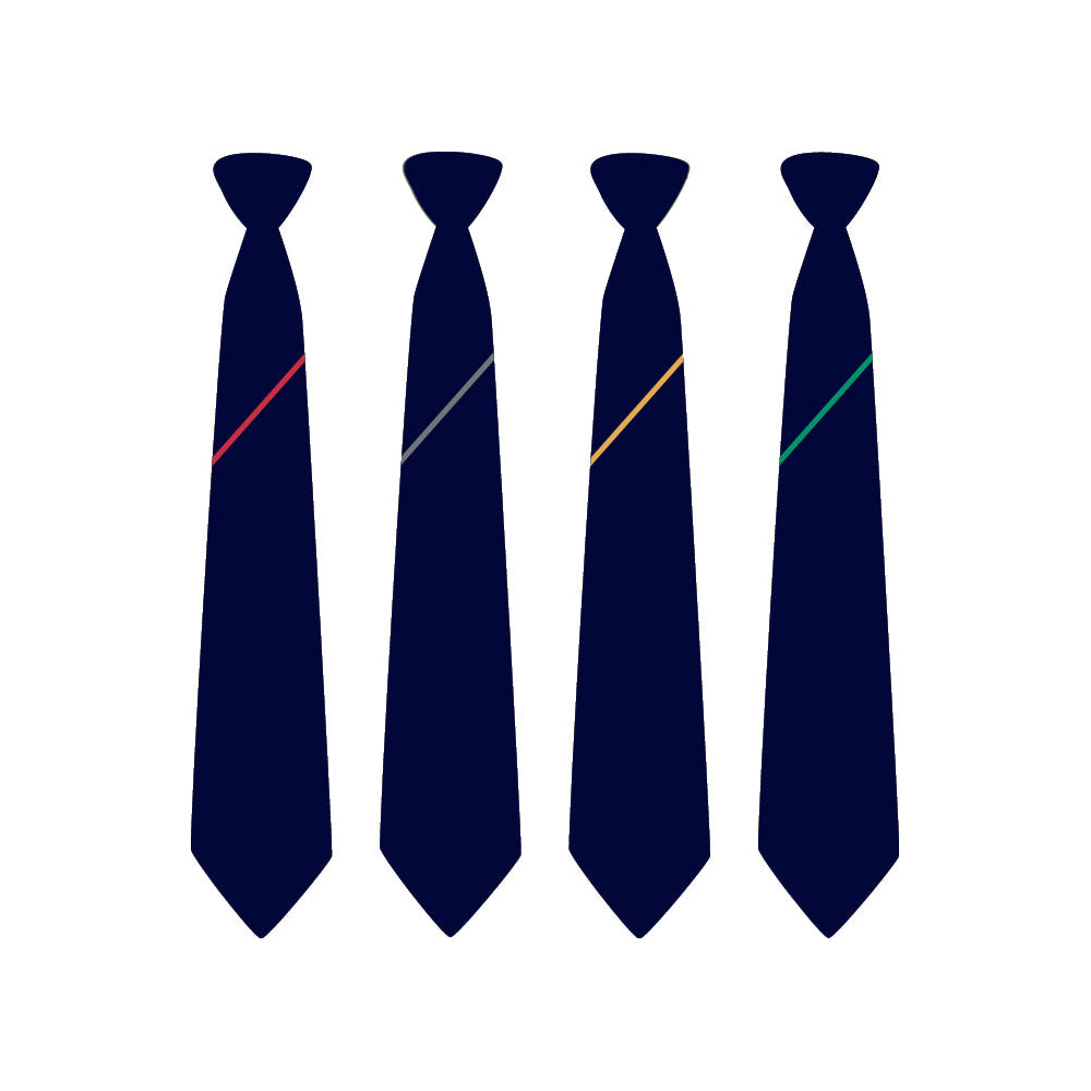 4 Hartford Church of England High School Ties in navy blue, with 1 stripe on each tie - red, grey, yellow and green.