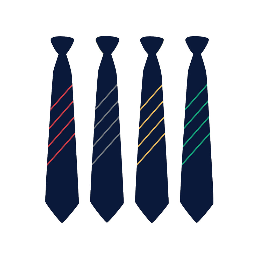 4 Hartford Church of England High School Ties in navy blue, with 4 stripes on each tie - red, grey, yellow and green.