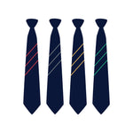 4 navy blue ties with 3 stripes in red, grey, yellow, and green stripes for Year 8 students