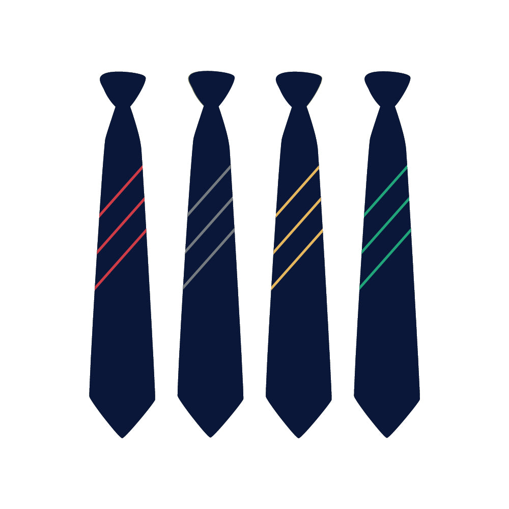 4 navy blue ties with 3 stripes in red, grey, yellow, and green stripes for Year 8 students