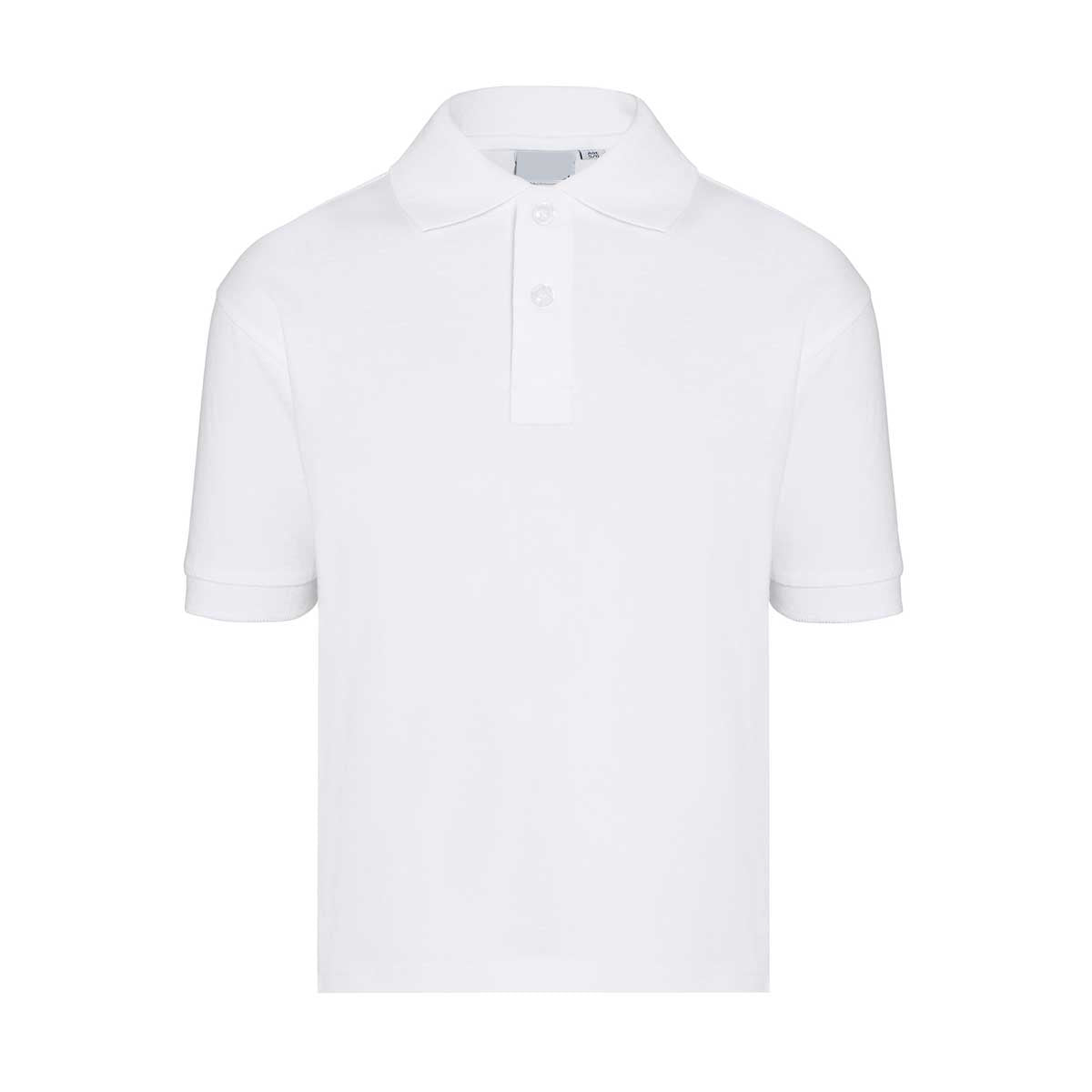 White school polo shirt with short sleeves and a 2 button collar
