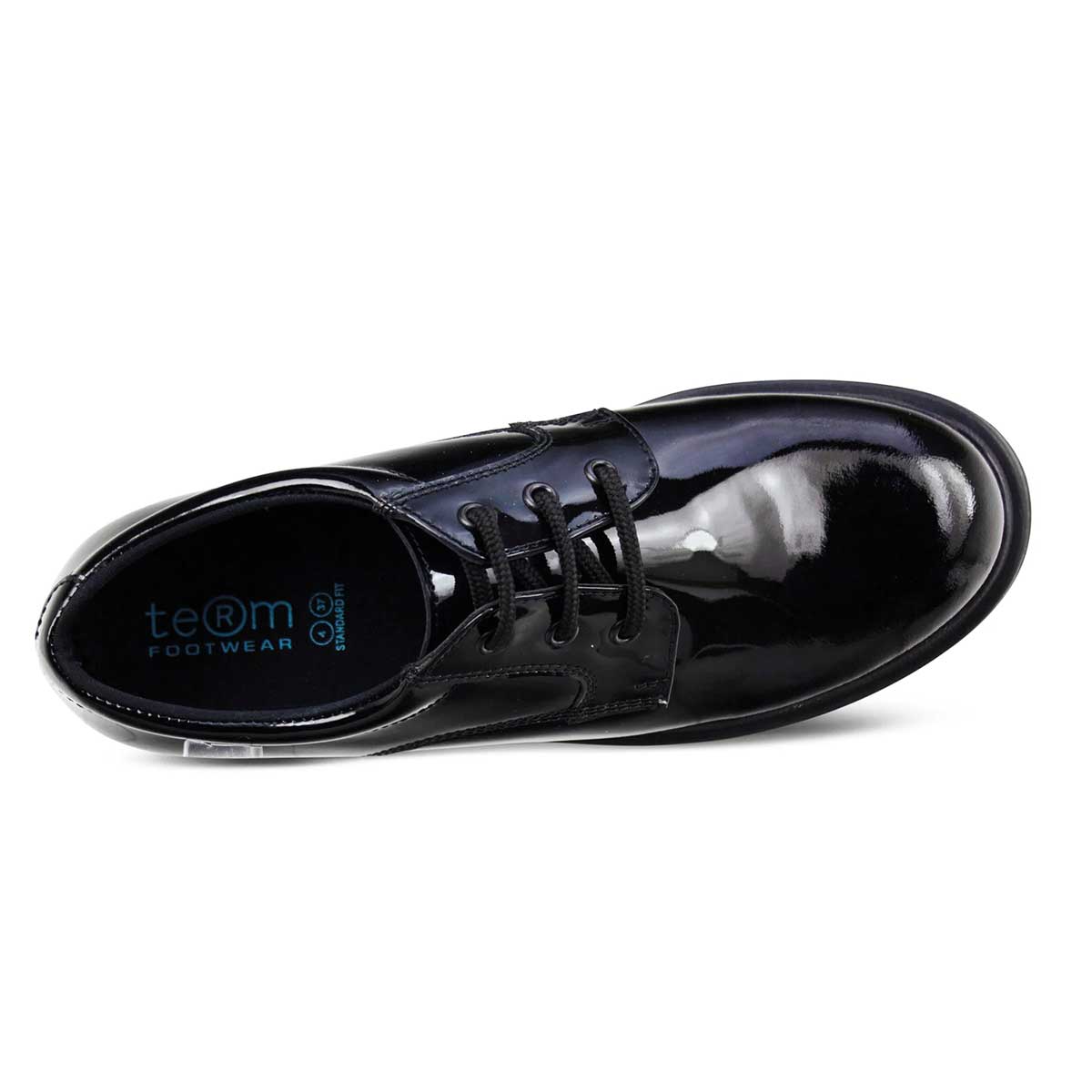 top view of Bailey Black Patent Lace Up School Shoe