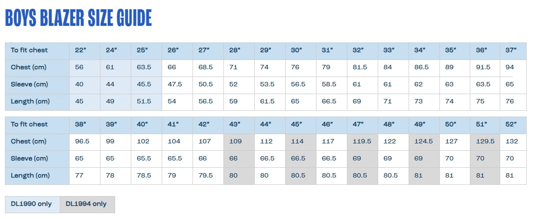Boys Blazer Size Chart