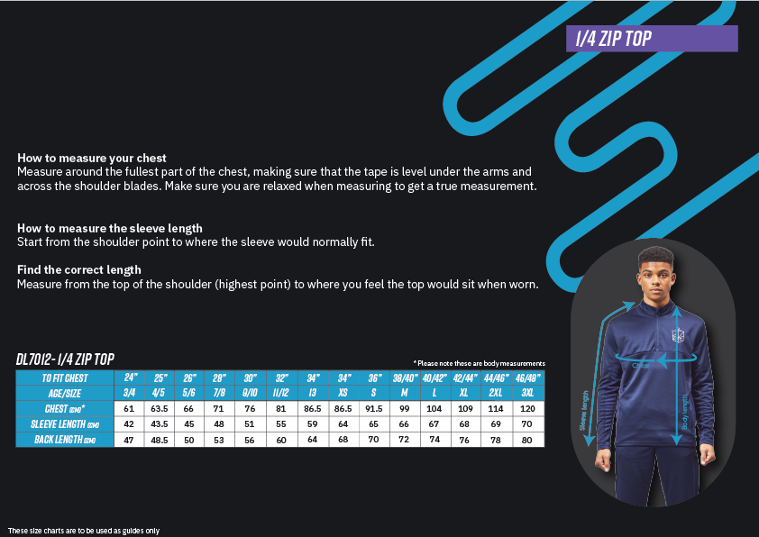 Size guide for the DL 1/4 Zip Top