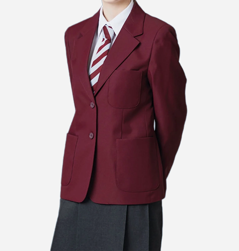A maroon school uniform blazer with notch lapels, two front buttons, and large front patch pockets, styled with a white collared shirt and a red and white striped tie, shown on a model.