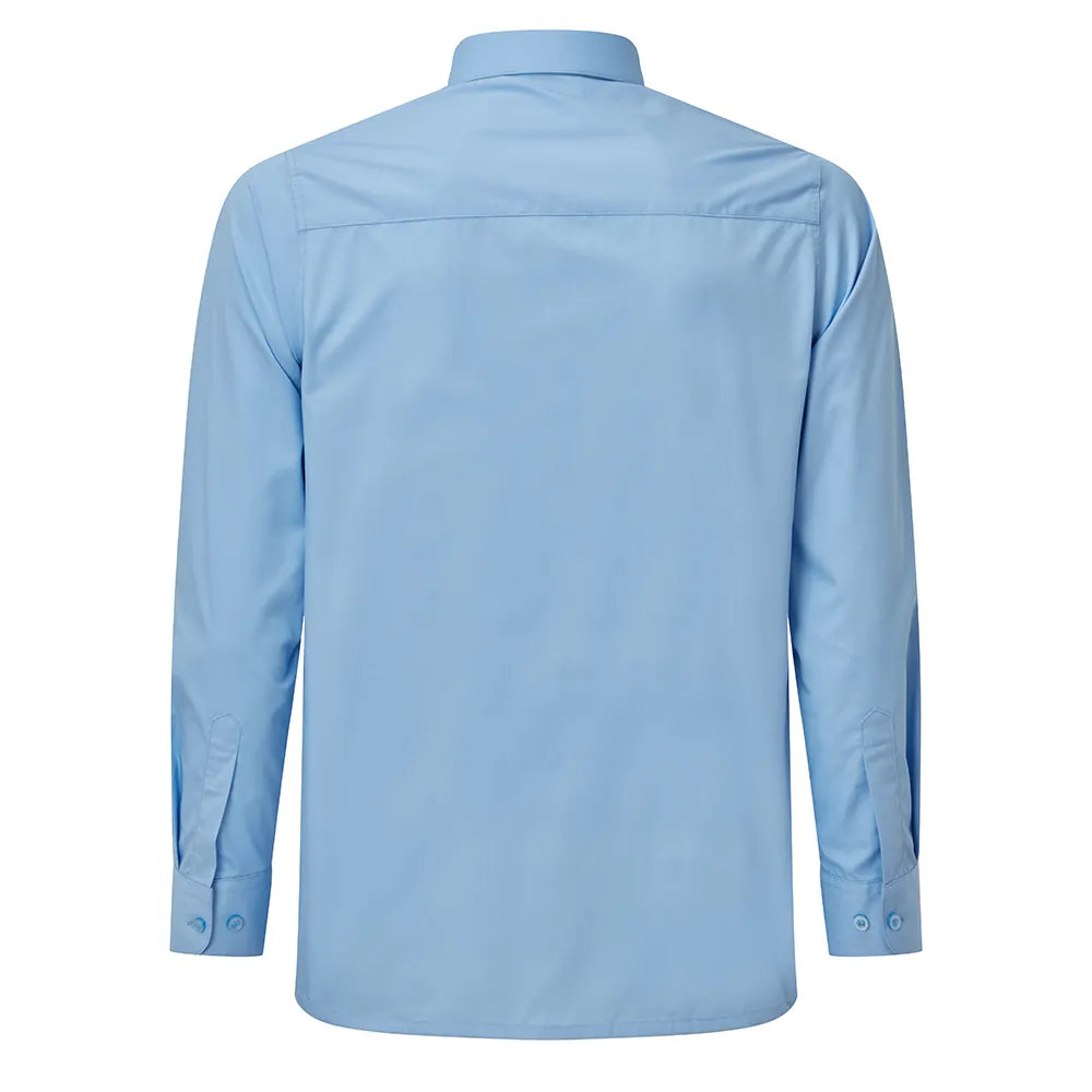 back view of boys long sleeve shirt in blue