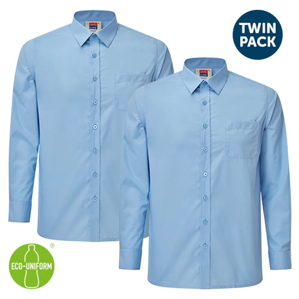 Two blue long sleeve shirts with a 'Twin Pack' label and an 'Eco-Uniform' logo on a white background.