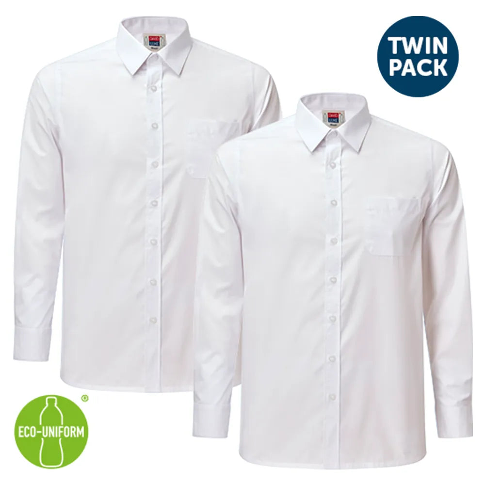 Two white dress shirts with a 'Twin Pack' label and 'Eco-Uniform' logo on a white background.