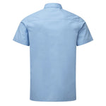 Rear view of Light blue short-sleeve shirt on a white background