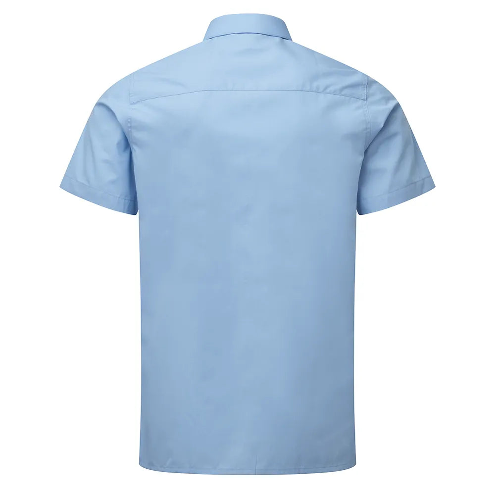 Rear view of Light blue short-sleeve shirt on a white background