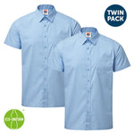 Two blue short-sleeve shirts with a 'Twin Pack' label and an 'Eco-Uniform' logo on a white background.