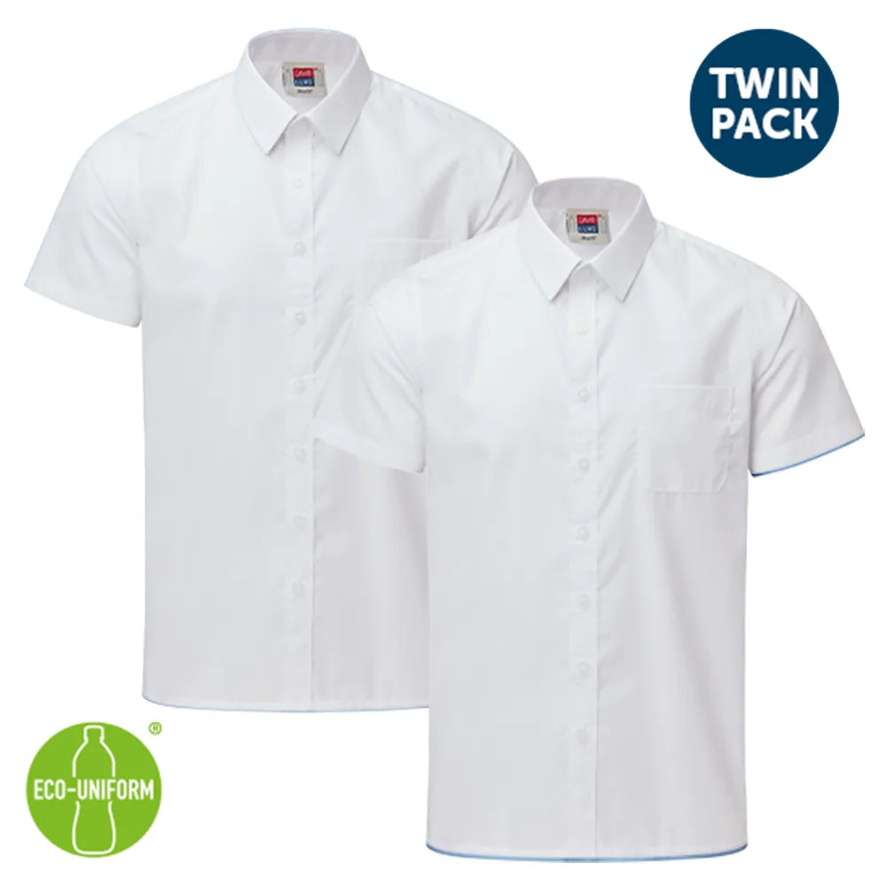 Two white short-sleeve shirts with blue trim in a twin pack on a white background, featuring an Eco-Uniform logo.