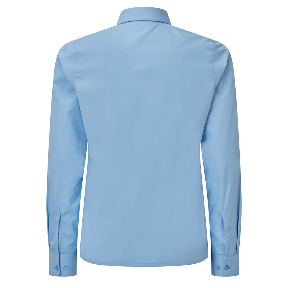 rear view of long sleeve girls shirt in blue