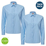 Two light blue shirts with 'Twin Pack' and 'Eco-Uniform' logos on a white background.