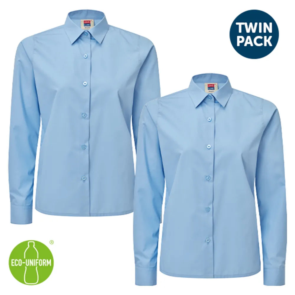 Two light blue shirts with 'Twin Pack' and 'Eco-Uniform' logos on a white background.