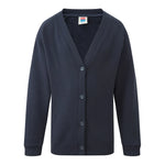 A dark navy blue cardigan sweater with a V-neck, button-up front, and ribbed cuffs and hem