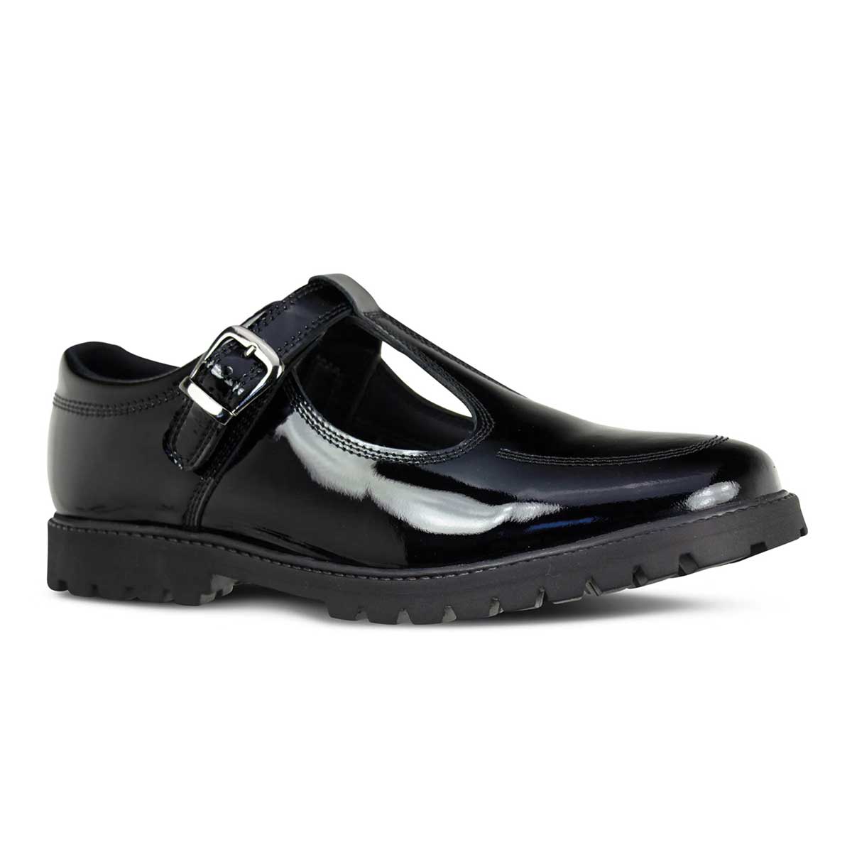 side view of Emily Black Patent Leather Buckle T Bar School Shoe