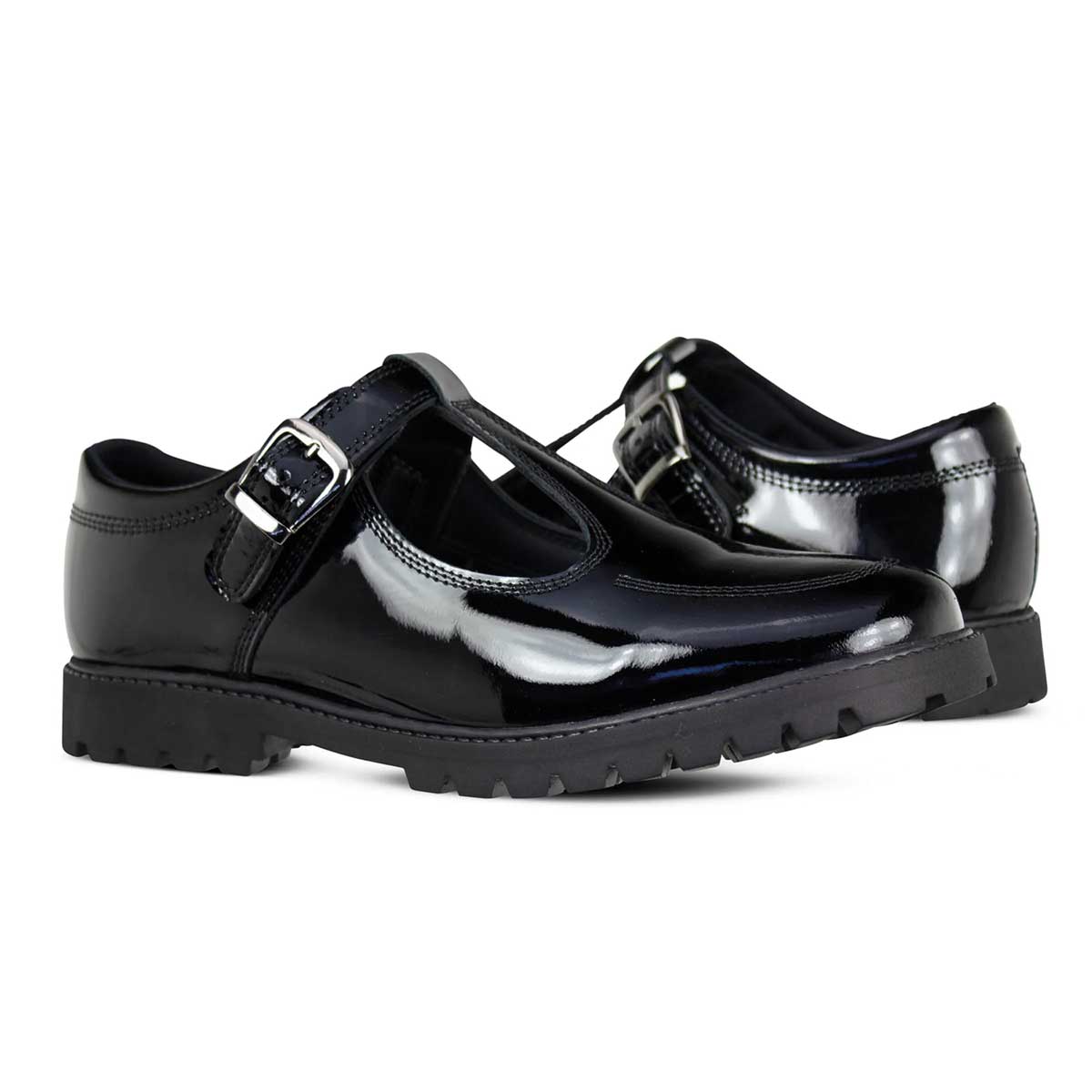 Emily Black Patent Leather Buckle T Bar School Shoes
