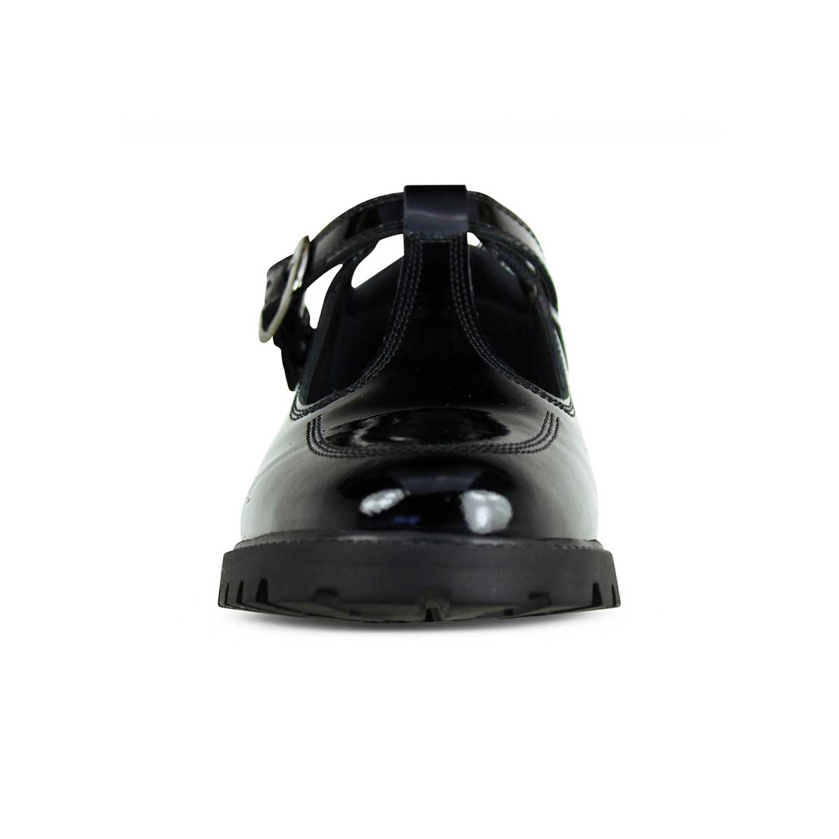 front view of Emily Black Patent Leather Buckle T Bar School Shoe