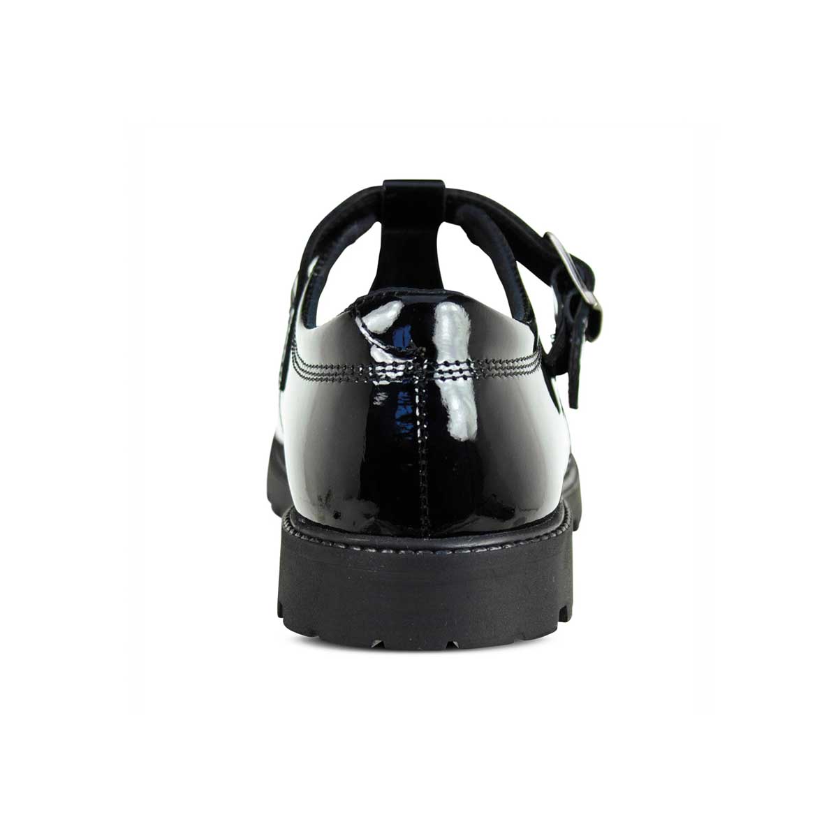 back view of Emily Black Patent Leather Buckle T Bar School Shoe