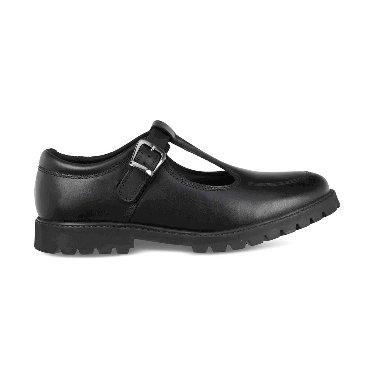outer side view of Emily Black Leather Buckle T Bar School Shoe