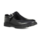 front side view of Emily Black Leather Buckle T Bar School Shoe