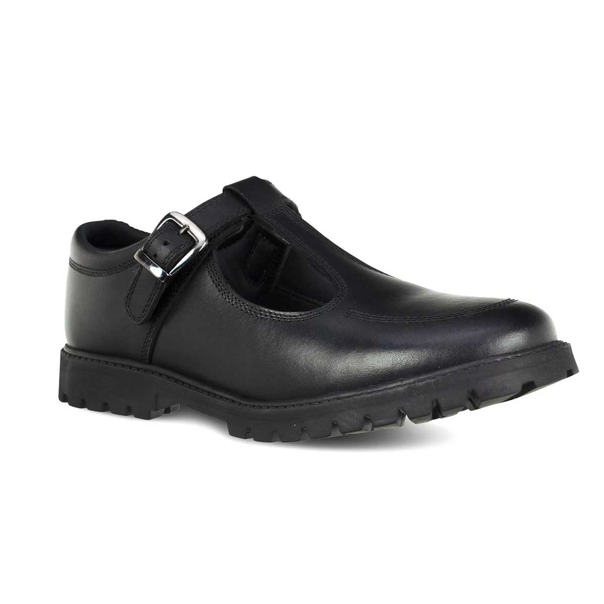front side view of Emily Black Leather Buckle T Bar School Shoe