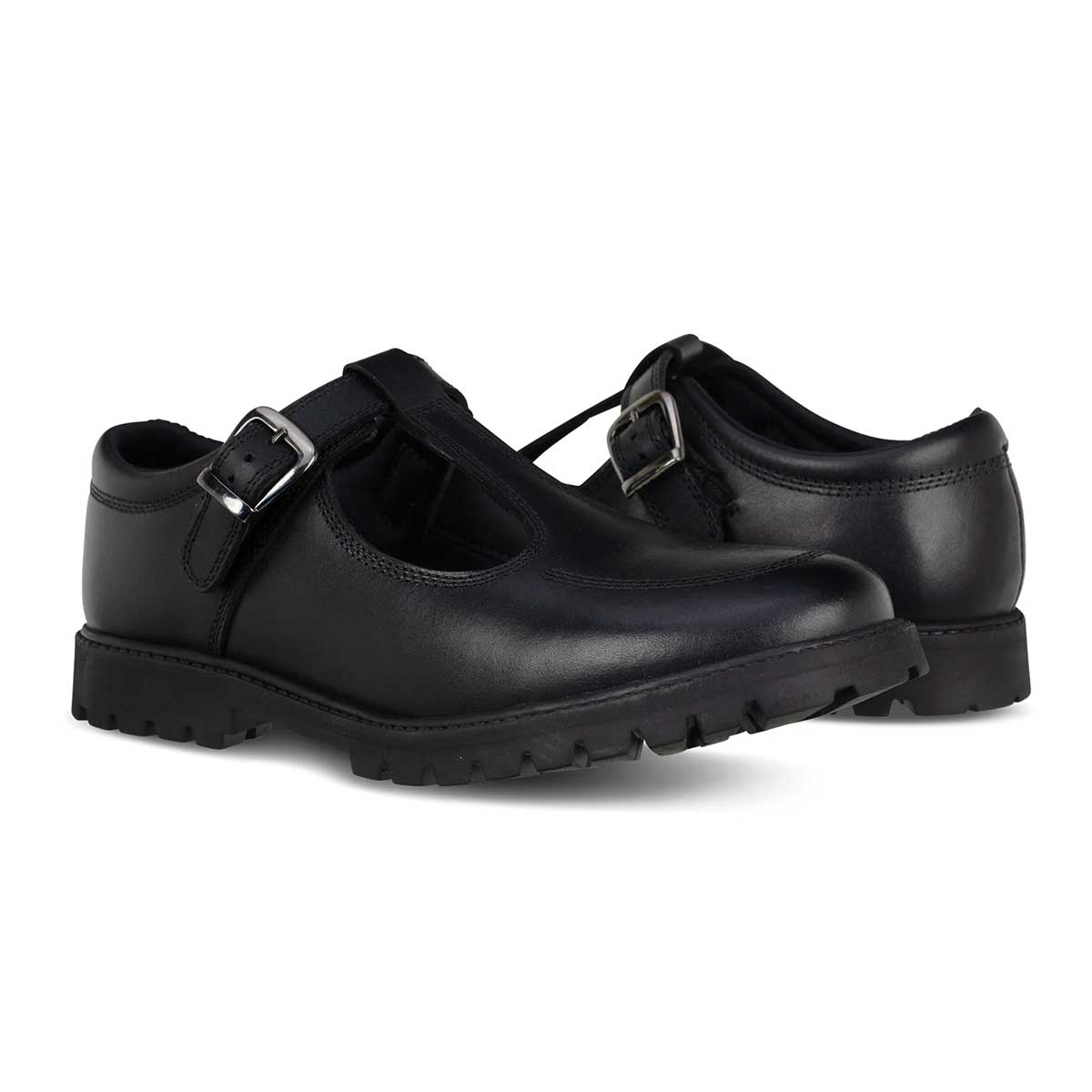 Emily Black Leather Buckle T Bar School Shoes