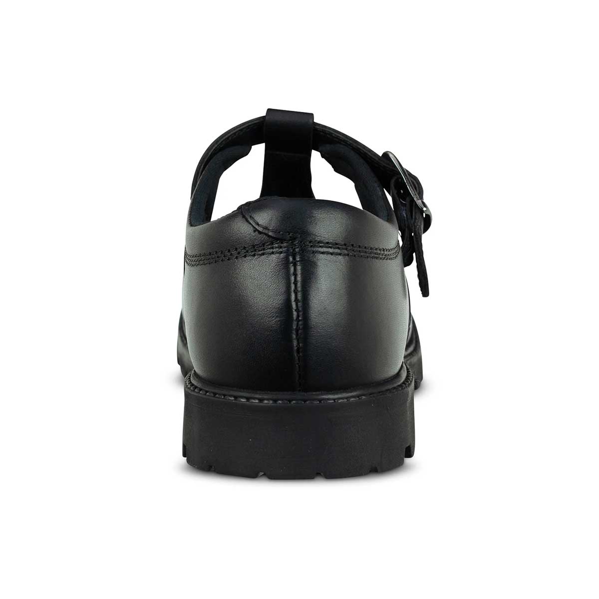 back view of Emily Black Leather Buckle T Bar School Shoe