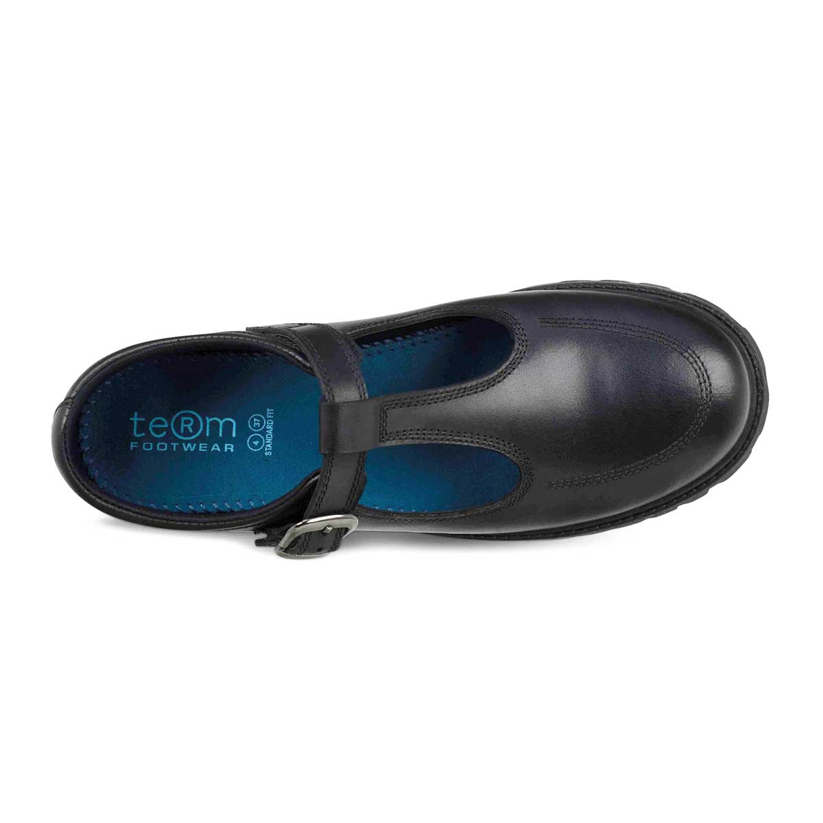 top view of Emily Black Leather Buckle T Bar School Shoe