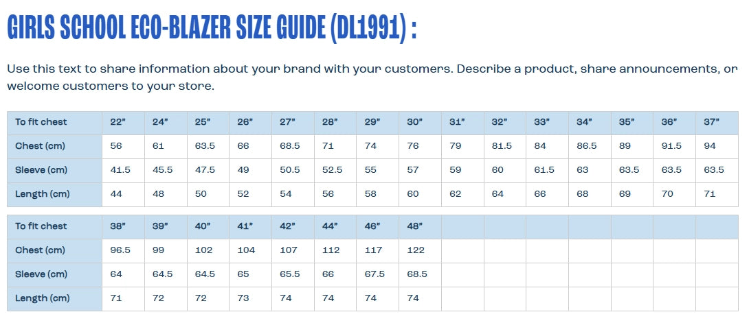 Girls School Eco Blazer Size Chart