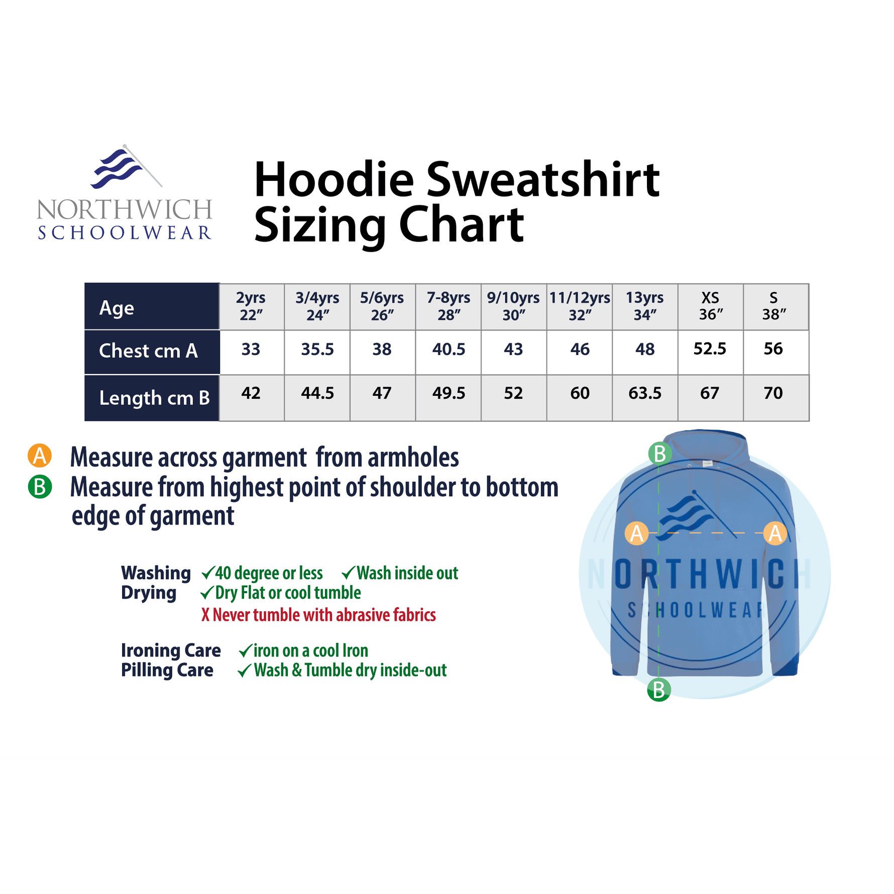 Size chart for the Hartford Manor Primary School PE Hoodie