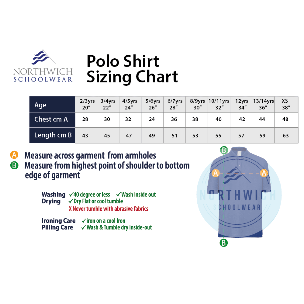 Sizing chart for the Hartford Manor Primary Schol PE polo shirt