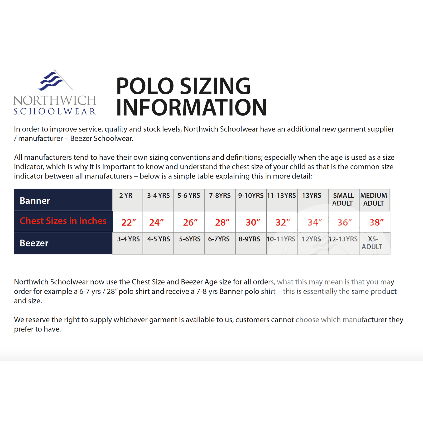 Sizing information for the Hartford Manor PE polo shirt
