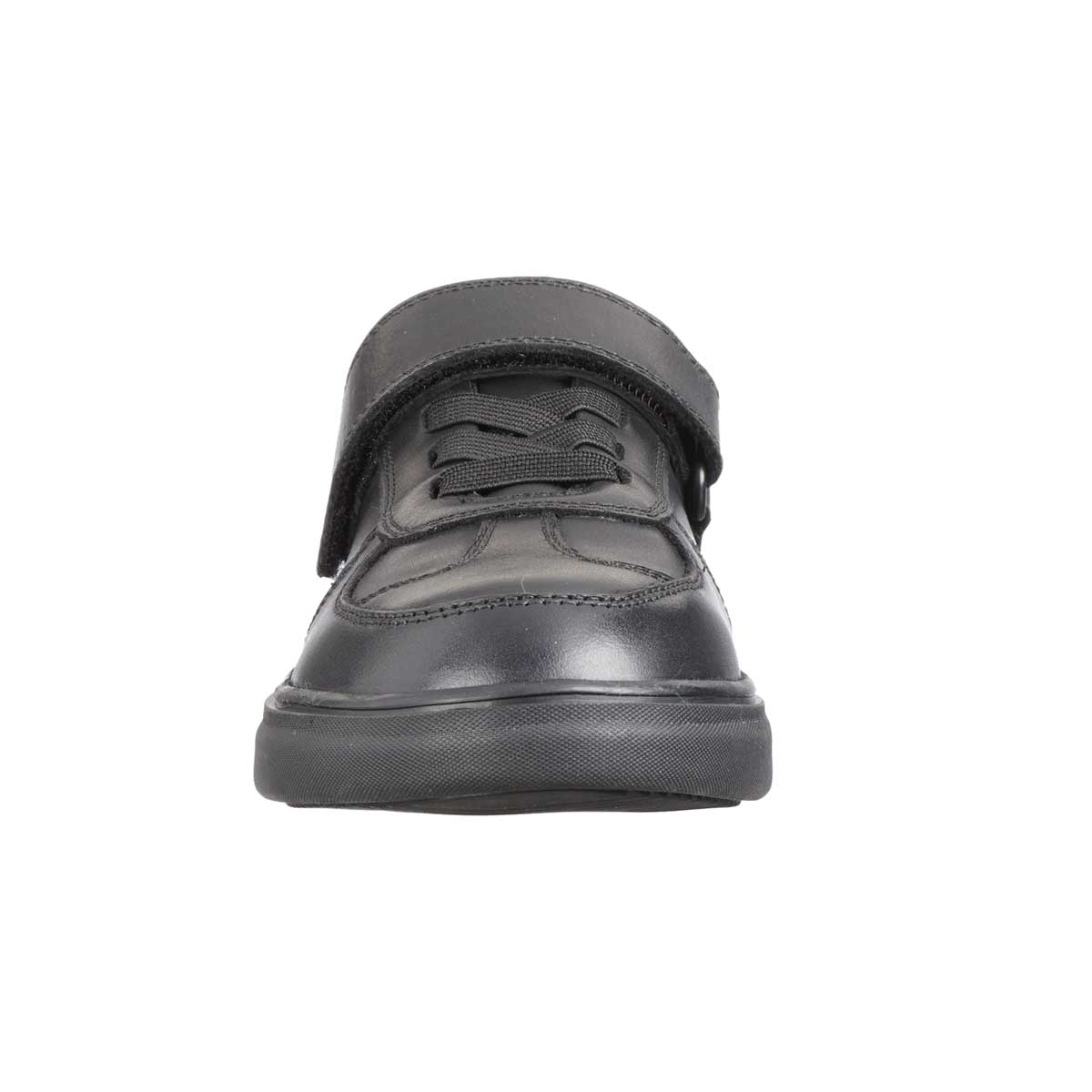 front view of Hugo Black Leather Athletic Touch Tape Lace up School Shoe