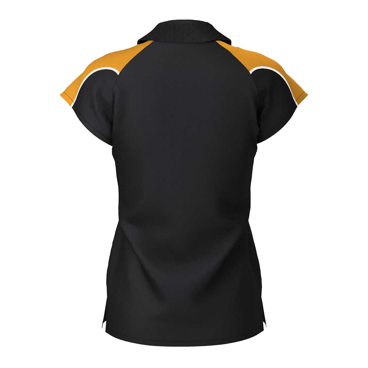 back view of iGen Female Sports Polo Black/Amber