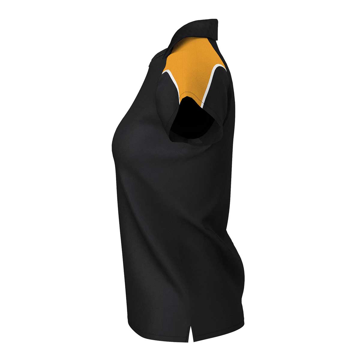 side view of iGen Female Sports Polo Black/Amber