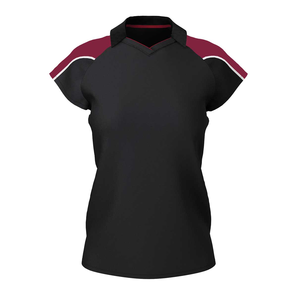 front view of iGen Female Sports Polo Black/Maroon