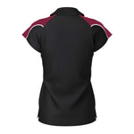 back view of iGen Female Sports Polo Black/Maroon