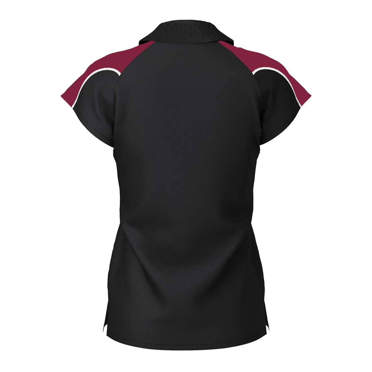 back view of iGen Female Sports Polo Black/Maroon