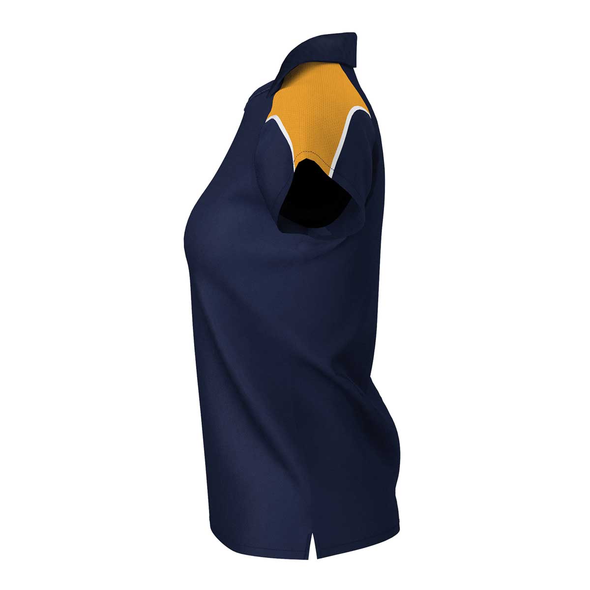 side view of iGen Female Sports Polo Navy/Amber