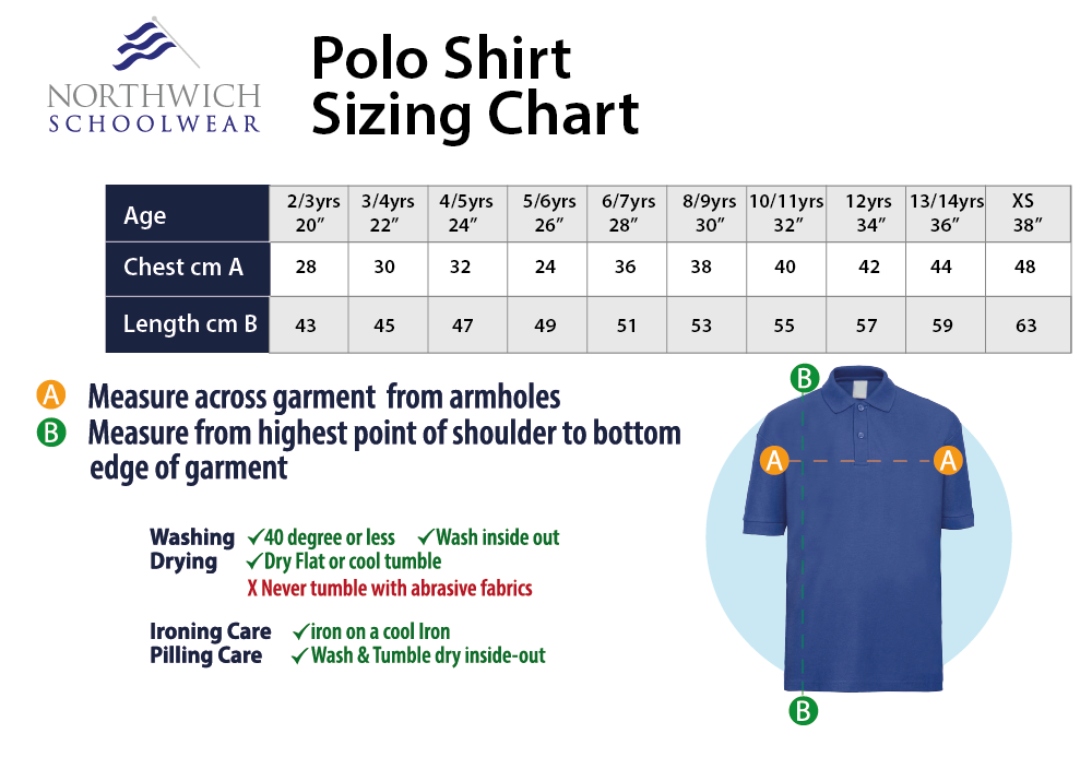 Sizing guide for the Northwich Schoolwear polo shirt in Jade
