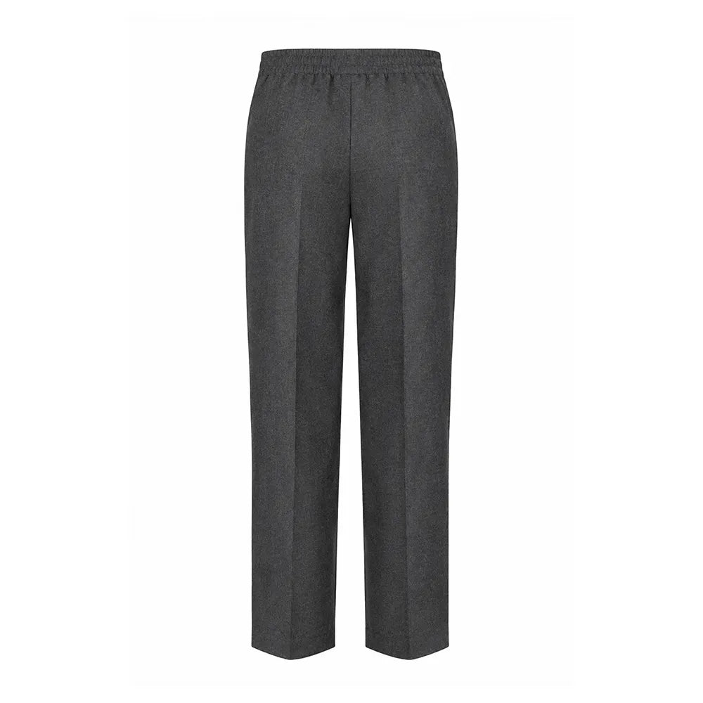 Rear view of the David Luke Schoolwear Pull Up Junior Boy’s Trouser 939 in Grey.