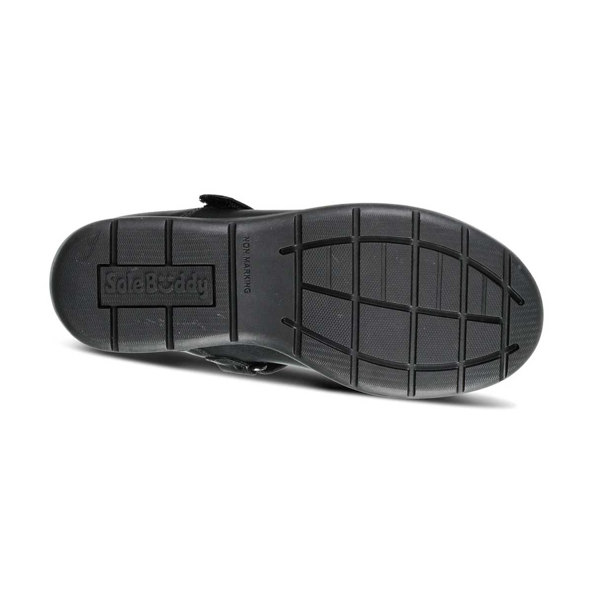 sole view of Star Black Leather Fitted Soft Touch Tape School Shoe